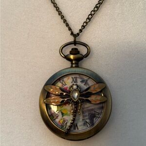 NWOT Vintage Style Dragonfly Watch Necklace - Bronze and Multicolor